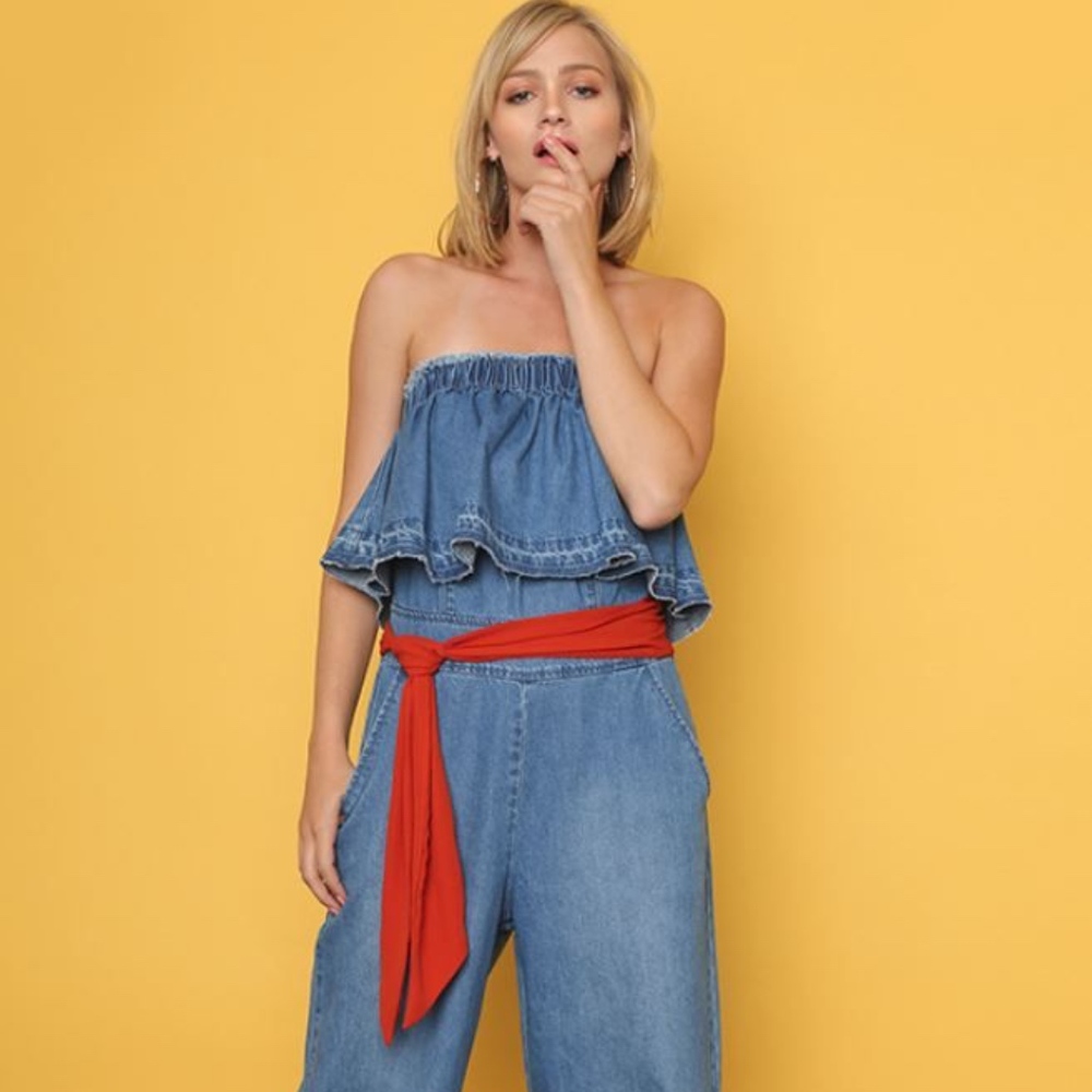 Light Washed Strapless Denim Jumpsuit.